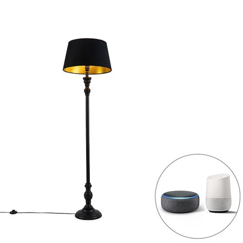 Qazqa Classique/Antique Smart Vloerlamp Met 45 Cm Kap Zwart Incl. Wifi A60 - Classico Bois /Acier /Tissu Noir Oblongue / Luminaire / Lumiere / clairage / Intrieur / Salon E27 Max. 1 X 7...