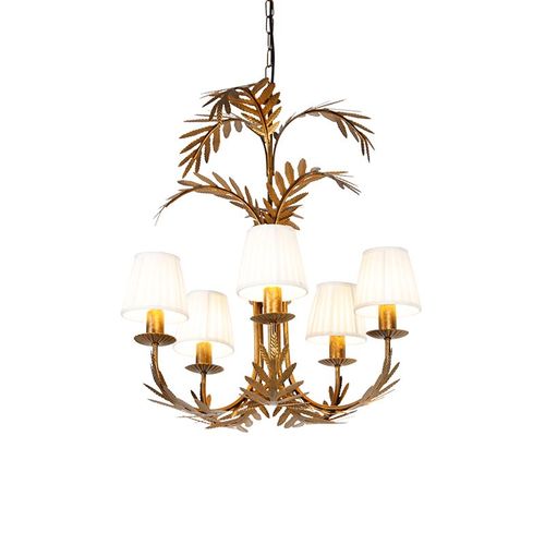 Qazqa Classique/Antique Suspension / Lustre / Chandelier / Luminaire / Lumiere / ÉClairage Or / DorE / D'or Avec Capuchon   Pince PlissE CrMe 5 LumiRes - Botanica Acier /Tissu...