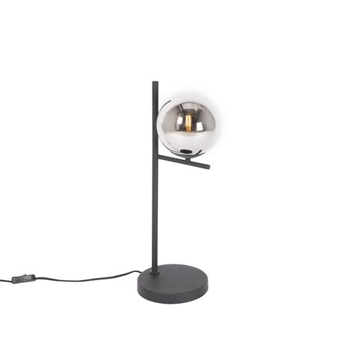 Qazqa Design Art Deco Tafellamp Zwart Met Smoke Glas - Flore Acier /Verre Noir Globe /Oblongue / Luminaire / Lumiere / ÉClairage / IntRieur / Salon E14 Max. 1 X 25 Watt