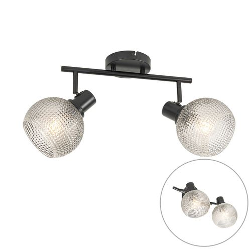 Qazqa Design Design Plafonnier  Plafonnier Spot   Fixer Au Plafond Zwart Met Smoke Glas 2 Ampoules-Lichts - Chico Verre /Acier Noir,Transparent Oblongue / Luminaire / Lumiere /...