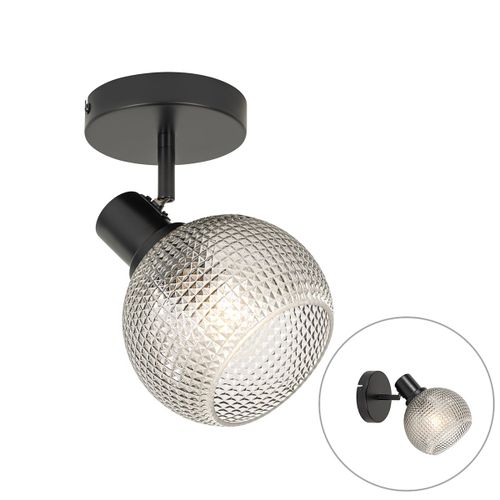 Qazqa Design Design Plafonnier  Plafonnier Spot   Fixer Au Plafond Zwart Met Smoke Glas - Chico Verre /Acier Noir Rond / Luminaire / Lumiere / ÉClairage / IntRieur / Salon / Cuisine...