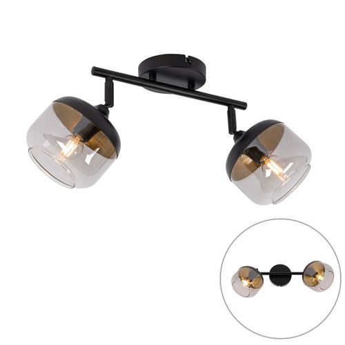Qazqa Design Design Plafonnier ? Plafonnier Spot  Fixer Au Plafond Zwart Met Goud En Smoke Glas 2 Ampoules-Lichts - Kyan Verre /Acier Gris,Noir,Dor/Laiton Oblongue / Luminaire / Lumiere /...