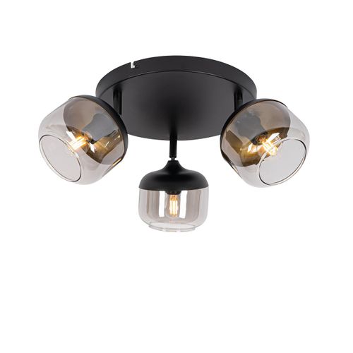 Qazqa Design Design Plafonnier ? Plafonnier Spot  Fixer Au Plafond Zwart Met Goud En Smoke Glas 3-Lichts Rond - Kyan Verre /Acier Gris,Noir,Dor/Laiton Rond / Luminaire / Lumiere /...