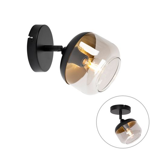 Qazqa Design Design Plafonnier ? Plafonnier Spot  Fixer Au Plafond Zwart Met Goud En Smoke Glas - Kyan Verre Gris,Noir,Dor/Laiton Rond / Luminaire / Lumiere / clairage / Intrieur / Salon...