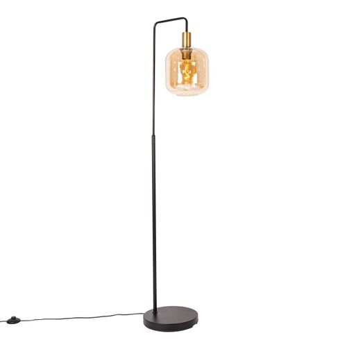 Qazqa Design Design Vloerlamp Zwart Met Messing En Amber Glas - Zuzanna Verre /Acier Orange,Noir,Dor/Laiton Rond / Luminaire / Lumiere / clairage / Intrieur / Salon E27 Max. 1 X 40 Watt