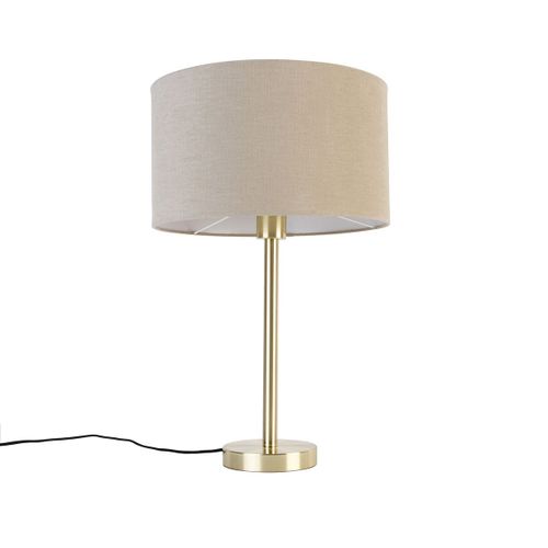 Qazqa Design Klassieke Tafellamp Messing Met Kap Lichtbruin 35 Cm - Simplo Acier /Tissu Dor/Laiton,Marron Rond / Luminaire / Lumiere / clairage / Intrieur / Salon E27 Max. 1 X 40 Watt