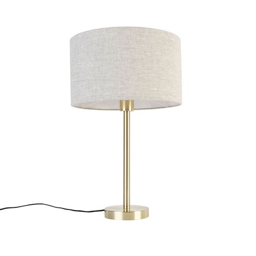 Qazqa Design Klassieke Tafellamp Messing Met Kap Lichtgrijs 35 Cm - Simplo Acier /Tissu Dor/Laiton,Gris Rond / Luminaire / Lumiere / clairage / Intrieur / Salon E27 Max. 1 X 40 Watt