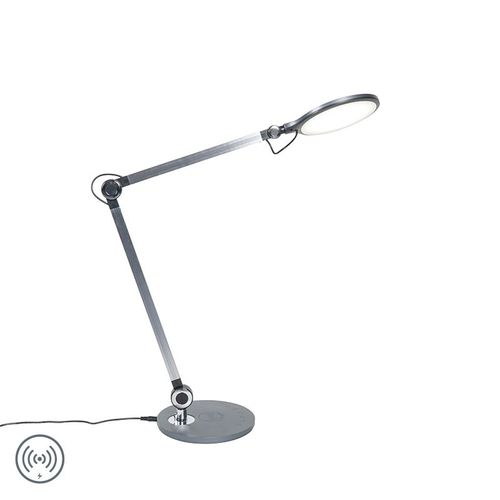 Qazqa Design Lampe De Table / Lampe á Poser / Luminaire / Lumiere / ÉClairage Design Grise Avec Led Avec Chargeur Sans Fil - Don Aluminium /Plastique Anthracite Oblongue / Lampe De Bureau...