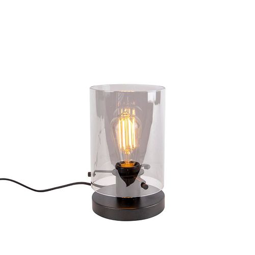 Qazqa Design Lampe De Table / Lampe á Poser / Luminaire / Lumiere / ÉClairage Design Noire Avec Verre Fum - DMe /Acier Noir Cylindre / IntRieur / Salon E27 Max. 1 X 40 Watt