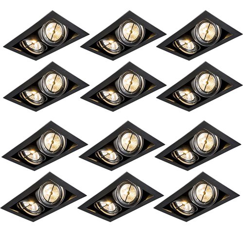 Qazqa Design /Moderne Set Van 12 Inbouwspots Zwart Ar111 Verstelbaar 2-Lichts - Oneon Acier Noir Rectangulaire / Luminaire / Lumiere / clairage / Intrieur / Salon / Cuisine G53 Max. 2 X 50...