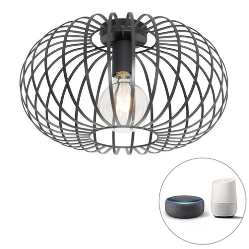 Qazqa Design Plafonnier Intelligent Noir 39 Cm Avec Wifi G95 - Johanna Acier Noir Rond / Luminaire / Lumiere / clairage / Intrieur / Salon / Cuisine E27 Max. 1 X 7 Watt