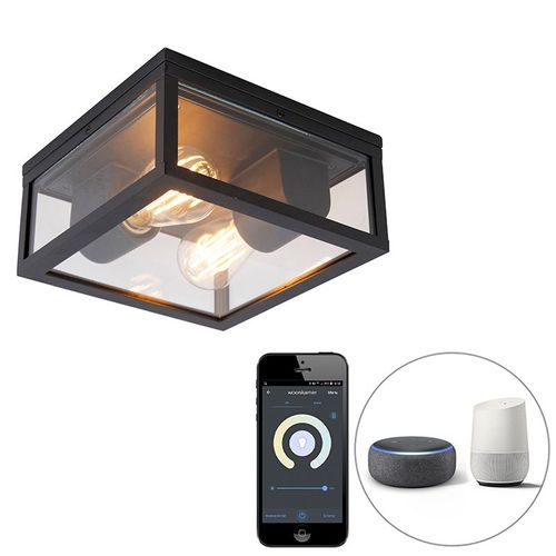 Qazqa Design Smart Plafondlamp Zwart Ip44 2-Lichts Incl. Wifi St64 - Charlois Aluminium /Verre Noir,Transparent Carr / ExtRieur / Jardin / Luminaire / Lumiere / ÉClairage E27 Max. 2 X 7...