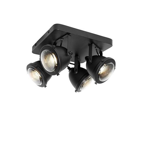 Qazqa Industriel IndustriLe Plafonnier  Plafonnier Spot   Fixer Au Plafond Zwart 4-Lichts - Emado Acier /Verre Noir Carr / Luminaire / Lumiere / ÉClairage / IntRieur / Salon /...