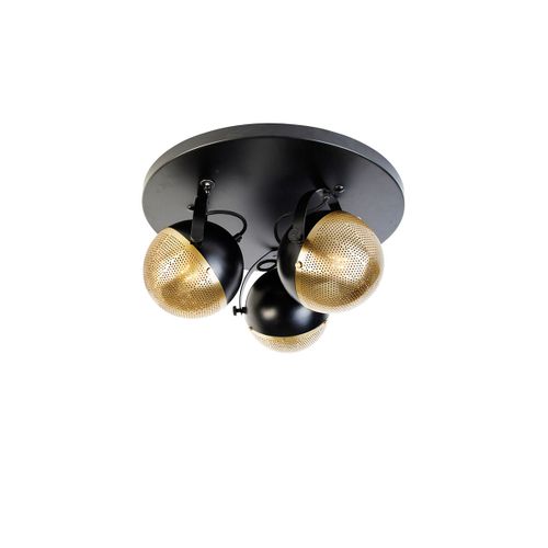 Qazqa Industriel IndustriLe Plafonnier  Plafonnier Spot   Fixer Au Plafond Zwart Met Messing 3-Lichts - Haicha Acier Dor/Laiton,Noir Rond /Globe / Luminaire / Lumiere / ÉClairage /...