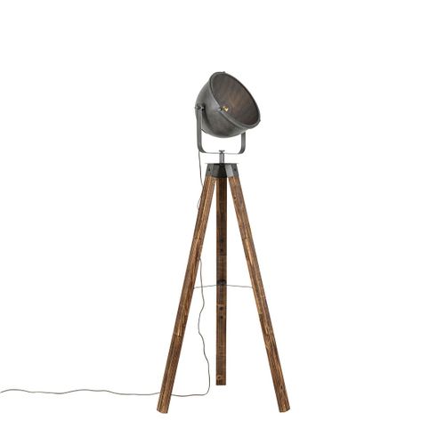 Qazqa Industriel IndustriLe Vloerlamp Tripod Staal Met Hout Kantelbaar - Emado Acier /Bois Marron,Acier Oblongue / Luminaire / Lumiere / ÉClairage / IntRieur / Salon E27 Max. 1 X 40...