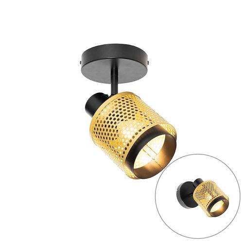 Qazqa Industriel Industrile Plafonnier ? Plafonnier Spot  Fixer Au Plafond Zwart Met Goud - Kayden Acier Dor/Laiton,Noir Rond / Luminaire / Lumiere / clairage / Intrieur / Salon /...