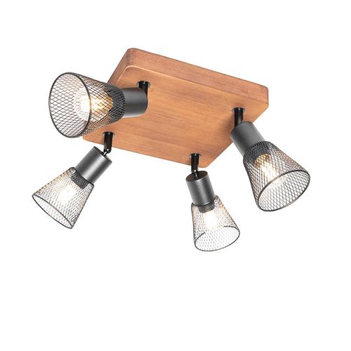 Qazqa Industriel Industrile Plafonnier ? Plafonnier Spot  Fixer Au Plafond Zwart Met Hout 4-Lichts - Kristina Acier /Bois Noir,Marron Carr / Luminaire / Lumiere / clairage / Intrieur /...