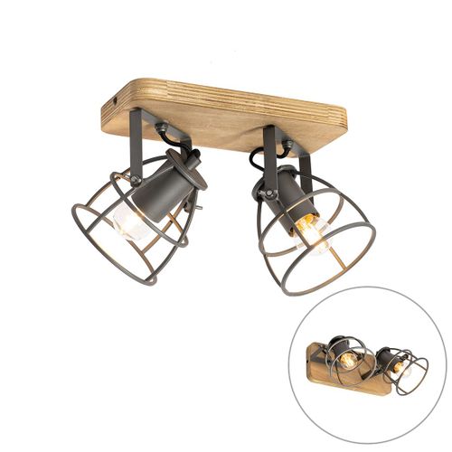 Qazqa Industriel Industrile Plafonnier ? Plafonnier Spot  Fixer Au Plafond Zwart Met Hout Verstelbaar 2 Ampoules-Lichts - Arthur Bois /Acier Marron,Noir Rectangulaire / Luminaire / Lumiere...