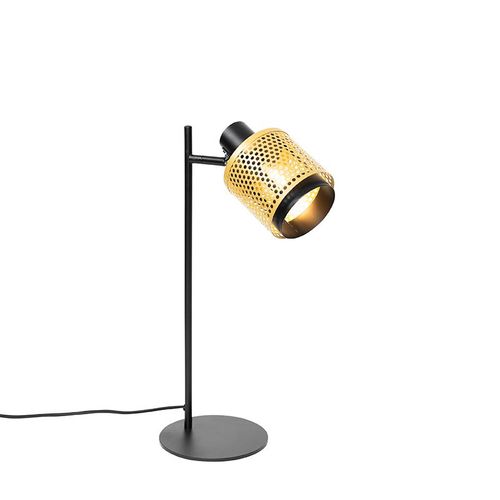 Qazqa Industriel Industrile Tafellamp Zwart Met Goud - Kayden Acier Dor/Laiton,Noir Rond / Lampe De Lecture / Luminaire / Lumiere / clairage / Intrieur / Salon E14 Max. 1 X 25 Watt