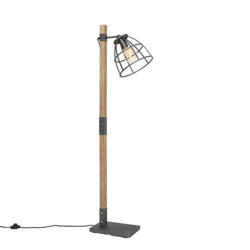 Qazqa Industriel Industrile Vloerlamp Zwart Met Hout - Arthur Bois /Acier Marron,Noir Oblongue / Luminaire / Lumiere / clairage / Intrieur / Salon E27 Max. 1 X 60 Watt