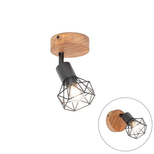 Qazqa Industriel Plafonnier Spot Industriel Noir Avec Bois Rotatif Et Inclinable - Mosh Acier / Noir,Marron Rond / Luminaire / Lumiere / clairage / Intrieur / Salon / Cuisine E14 Max. 1 X...