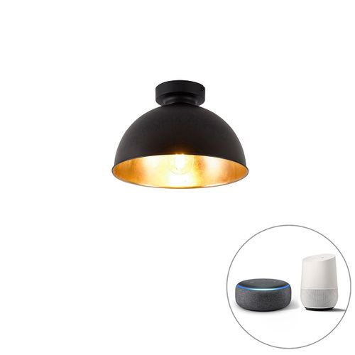 Qazqa Industriel Smart Plafondlamp Zwart Met Goud 28 Cm Incl. Wifi A60 - Magnax Acier Noir Rond / Luminaire / Lumiere / clairage / Intrieur / Salon / Cuisine E27 Max. 1 X 7 Watt