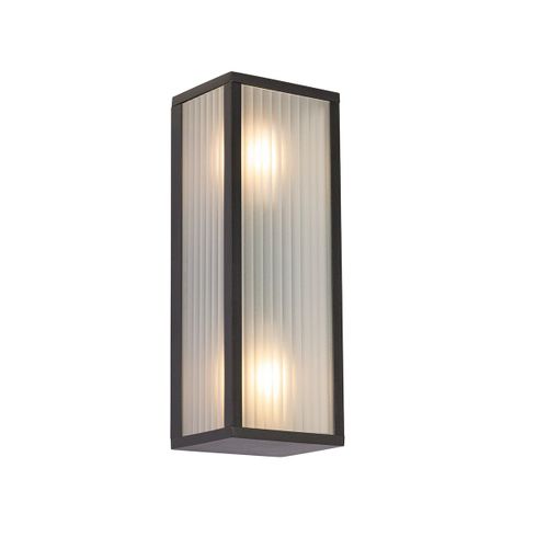 Qazqa Moderne Buiten Wandlamp Zwart Met Ribbel Glas 2-Lichts Ip44 - Charlois Aluminium /Verre Noir Oblongue / Extrieur / Jardin / Luminaire / Lumiere / clairage E27 Max. 2 X 40 Watt