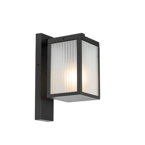 Qazqa Moderne Buiten Wandlantaarn Zwart Met Ribbel Glas Ip44 - Charlois Aluminium /Verre Noir,Transparent Rectangulaire / Extrieur / Jardin / Luminaire / Lumiere / clairage E27 Max. 1 X 40...
