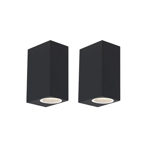 Qazqa Moderne /Design Set Van 2 Moderne Wandlampen Zwart 2-Lichts Ip44 - Baleno Aluminium Noir Rectangulaire / clairage Dessus Dessous / Extrieur / Jardin / Luminaire / Lumiere Gu10 Max. X...