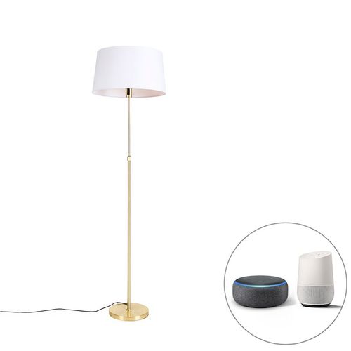 Qazqa Moderne /Design Smart Vloerlamp Goud Met Linnen Kap Wit 45 Cm Incl. Wifi A60 - Parte Acier /Tissu Dor/Laiton,Blanc Rond /Oblongue /Cylindre / Luminaire / Lumiere / ÉClairage /...