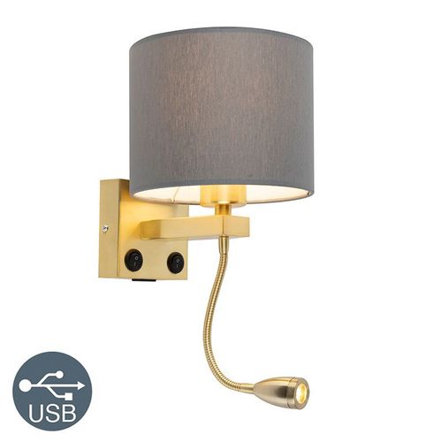 Qazqa Moderne Goude Wandlamp Usb Met Grijze Kap - Brescia Combi Acier /Tissu Gris,Dor Cylindre /Carr / Lampe De Chevet / Luminaire / Lumiere / clairage / Intrieur / Salon / Cuisine Non Remplaable Max. 1 X 40 Watt