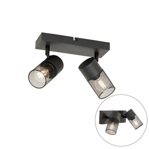Qazqa Moderne Industrile Plafondplafonnier Spot Zwart 2 Ampoules-Lichts Verstelbaar - Jim Acier Noir Oblongue / Luminaire / Lumiere / clairage / Intrieur / Salon / Cuisine E14 Max. 2 X 40...