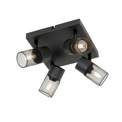 Qazqa Moderne Industrile Plafondplafonnier Spot Zwart 4-Lichts Verstelbaar - Jim Acier Noir Carr / Luminaire / Lumiere / clairage / Intrieur / Salon / Cuisine E14 Max. 4 X 40 Watt