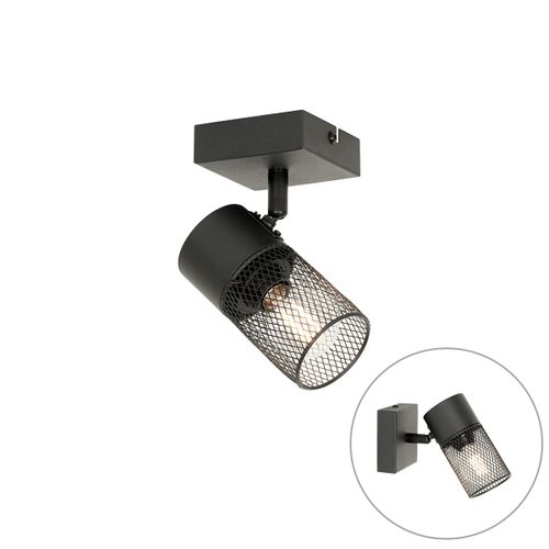 Qazqa Moderne Industrile Plafondplafonnier Spot Zwart Verstelbaar - Jim Acier Noir Rond / Luminaire / Lumiere / clairage / Intrieur / Cuisine E27 Max. 1 X 40 Watt