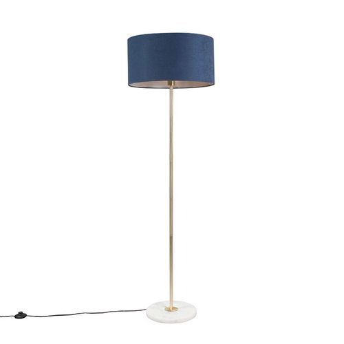 Qazqa Moderne Lampadaire / Lampe De Sol / Lampe Sur Pied / Luminaire / Lumiere / clairage En Laiton Avec Abat-Jour Bleu 50 Cm - Kaso Tissu /Acier /Marbre Laiton,Blanc,Bleu Rond / Intrieur...