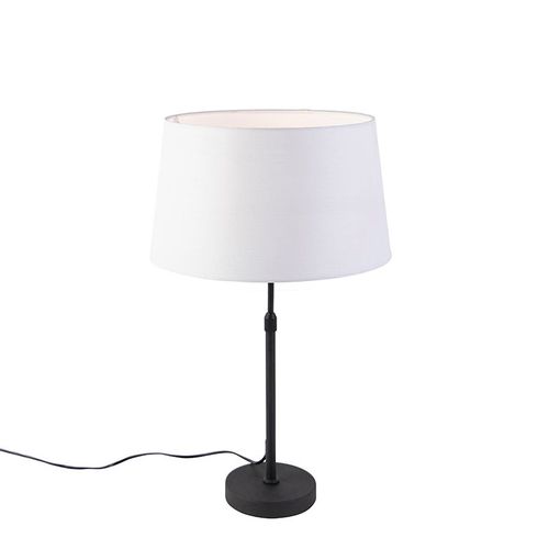 Qazqa Moderne Lampe De Table / Lampe á Poser / Luminaire / Lumiere / ÉClairage Noir Avec Abat-Jour En Lin Blanc 35 Cm RGlable - Parte Lin /Acier Blanc,Noir Cylindre /Oblongue /Rond /...