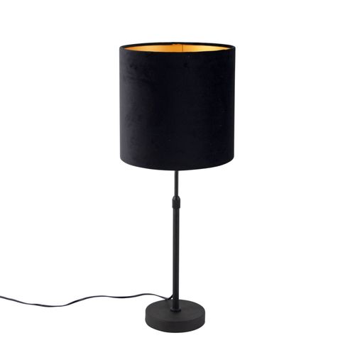 Qazqa Moderne Lampe De Table / Lampe á Poser / Luminaire / Lumiere / ÉClairage Noir Avec Abat-Jour En Velours Noir Avec Or / DorE / D'or 25 Cm - Parte Acier /Tissu Noir Cylindre...