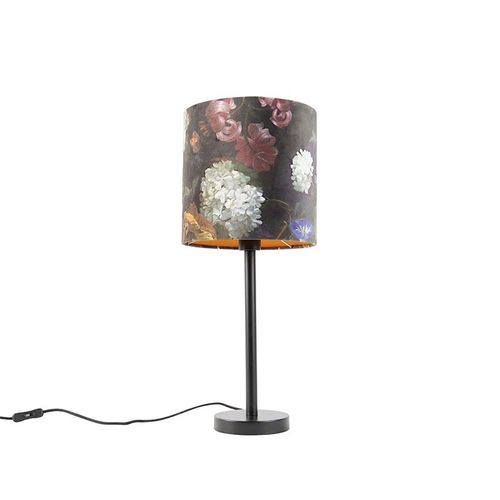 Qazqa Moderne Lampe De Table / Lampe á Poser / Luminaire / Lumiere / ÉClairage Romantique Noir Avec Abat-Jour 25 Cm - Simplo Acier /Tissu Multicolore,Noir Cylindre / IntRieur / Salon E27...