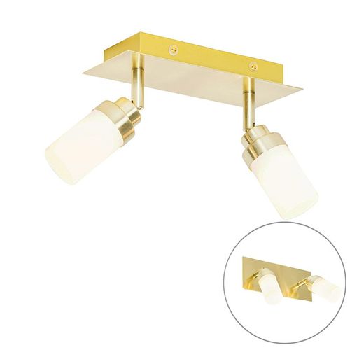 Qazqa Moderne Moderne Badkamer Plafonnier  Plafonnier Spot   Fixer Au Plafond Messing 2 Ampoules-Lichts Ip44 - Japie Acier /Verre Dor/Laiton,Blanc Rectangulaire / Luminaire / Lumiere /...