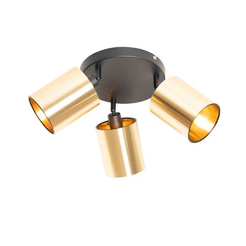 Qazqa Moderne Moderne Plafonnier ? Plafonnier Spot  Fixer Au Plafond Zwart Met Goud 3-Lichts - Lofty Acier /Plastique Dor/Laiton,Noir Rond / Luminaire / Lumiere / clairage / Intrieur /...