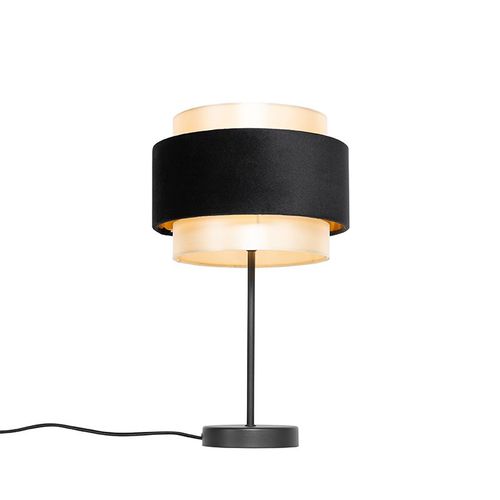 Qazqa Moderne Moderne Tafellamp Zwart Met Goud - Elif Tissu /Acier Noir,Dor/Laiton Rond / Lampe De Lecture / Luminaire / Lumiere / clairage / Intrieur / Salon E27 Max. 1 X 15 Watt
