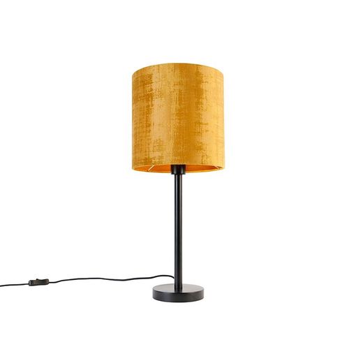 Qazqa Moderne Moderne Tafellamp Zwart Met Kap Goud 25 Cm - Simplo Acier /Tissu Dor/Laiton,Noir Cylindre / Lampe De Bureau / Luminaire / Lumiere / clairage / Intrieur / Salon E27 Max. 1 X...