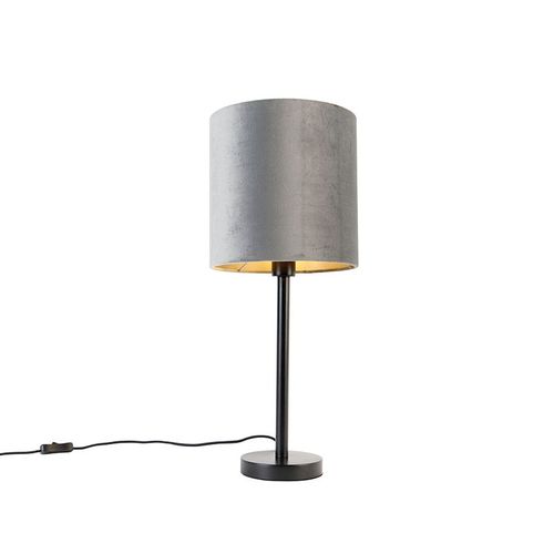 Qazqa Moderne Moderne Tafellamp Zwart Met Kap Grijs 25 Cm - Simplo Acier /Tissu Gris,Noir Cylindre / Lampe De Bureau / Luminaire / Lumiere / ÉClairage / IntRieur / Salon E27 Max. 1 X 40 Watt