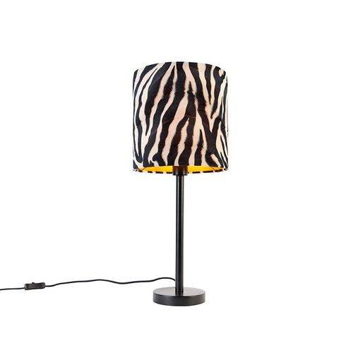 Qazqa Moderne Moderne Tafellamp Zwart Met Kap Zebra 25 Cm - Simplo Acier /Tissu Imprim ZBre,Noir Cylindre / Lampe De Bureau / Luminaire / Lumiere / ÉClairage / IntRieur / Salon E27 Max. 1 X 40 Watt