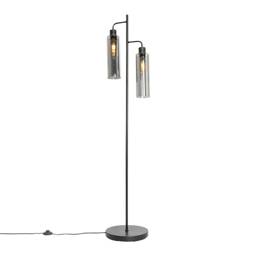 Qazqa Moderne Moderne Vloerlamp Zwart Met Smoke Glas 2-Lichts - Stavelot Acier /Verre Noir,Gris Oblongue / Luminaire / Lumiere / clairage / Intrieur / Salon E27 Max. 2 X 40 Watt