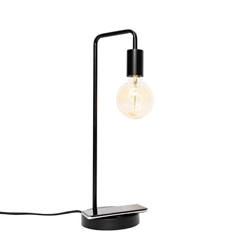 Qazqa Moderne Moderne Zwarte Tafellamp Met Draadloos Opladen - Facil Acier Noir Oblongue / Lampe De Lecture / Luminaire / Lumiere / clairage / Intrieur / Salon E27 Max. 1 X 40 Watt