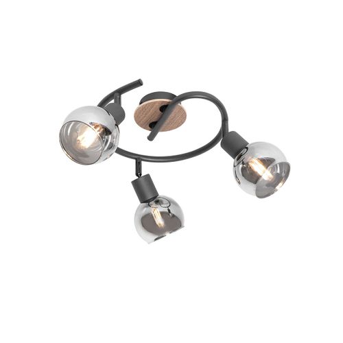 Qazqa Moderne Plafondlamp Zwart 44,5 Cm Met Smoke Glas En Hout 3-Lichts - Vidro Verre /Acier /Bois Gris,Noir,Marron Rond / Luminaire / Lumiere / clairage / Intrieur / Salon / Cuisine E14...