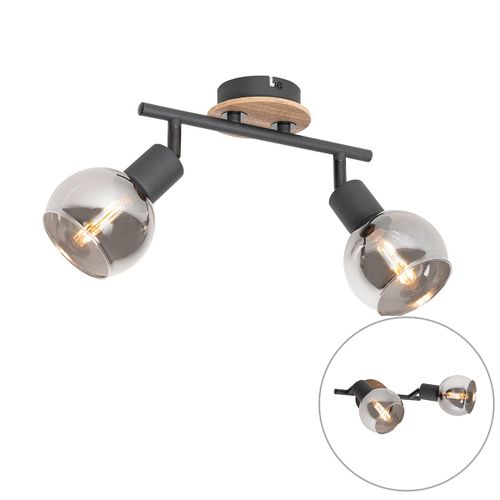 Qazqa Moderne Plafondlamp Zwart Met Smoke Glas En Hout 2 Ampoules-Lichts - Vidro Verre /Acier /Bois Gris,Noir,Marron Oblongue / Luminaire / Lumiere / clairage / Intrieur / Salon / Cuisine...