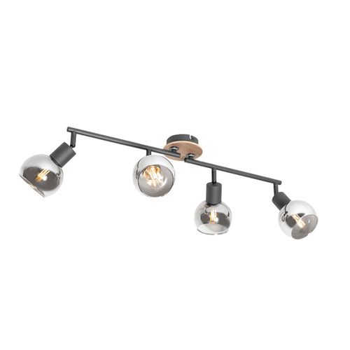 Qazqa Moderne Plafondlamp Zwart Met Smoke Glas En Hout 4-Lichts - Vidro Verre Gris,Noir,Marron Oblongue / Luminaire / Lumiere / clairage / Intrieur / Salon / Cuisine E14 Max. 4 X 25 Watt