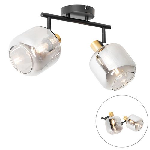 Qazqa Moderne Plafondplafonnier Spot Zwart Met Goud Met Smoke Glas 2 Ampoules-Lichts - Zuzanna Verre /Acier Gris,Dor/Laiton,Noir Oblongue / Luminaire / Lumiere / ÉClairage / IntRieur /...